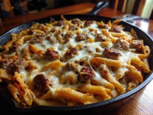 Close-up of bubbling, cheesy sausage pasta made with penne, baked in a cast iron skillet.