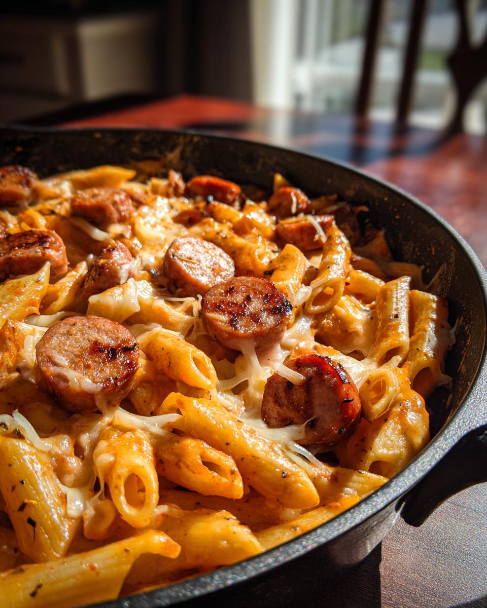 Close-up of penne pasta coated in a creamy sauce, topped with melted cheese and grilled sausage slices in a black skillet, showcasing the one pot cheesy sausage pasta.