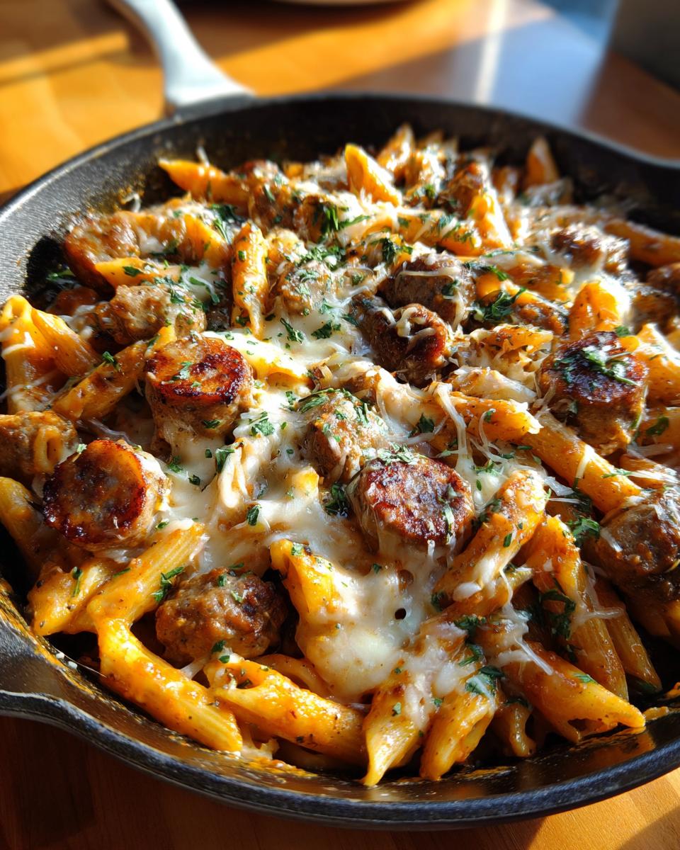 Close-up of one pot cheesy sausage pasta with melted cheese and parsley in a dark skillet.