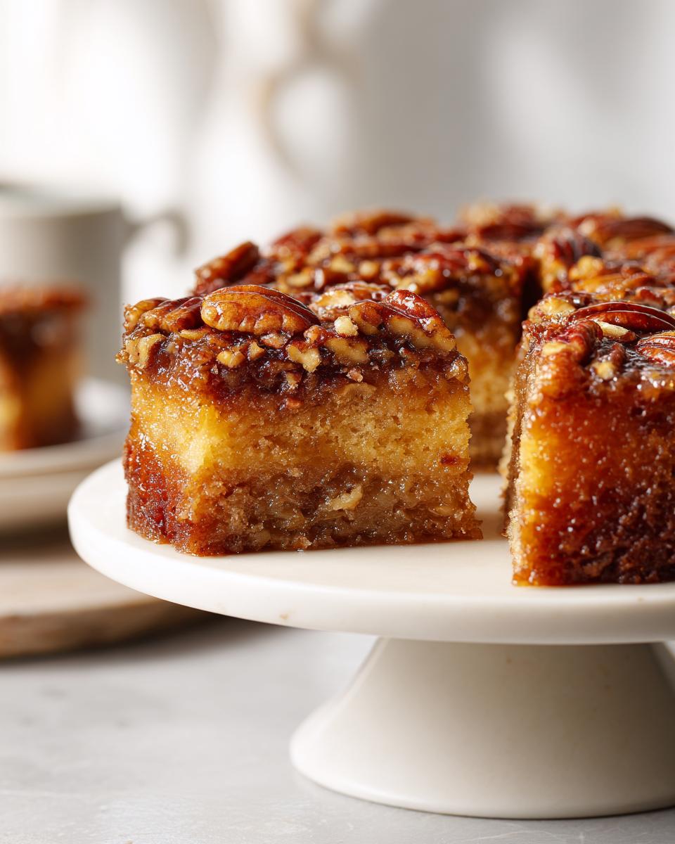 A close-up of a slice of Pecan Upside-Down Cake on a white cake stand, showcasing the caramelized pecans and moist cake.
