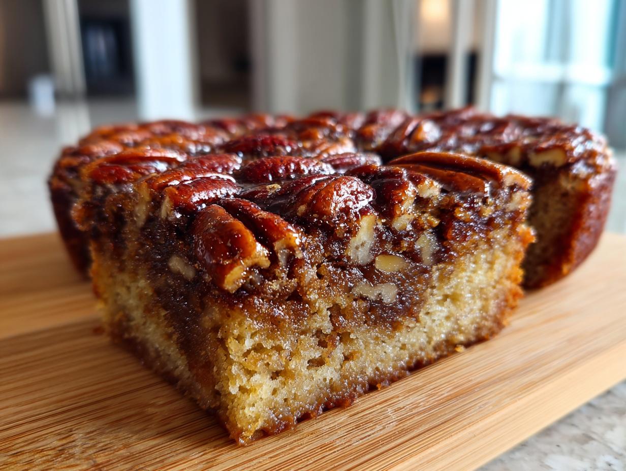 A close-up of a slice of pecan upside-down cake, showcasing the glossy pecan topping and moist cake crumb.