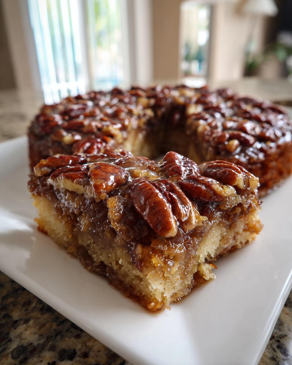 A slice of moist Pecan Upside-Down Cake topped with glossy, caramelized pecans.