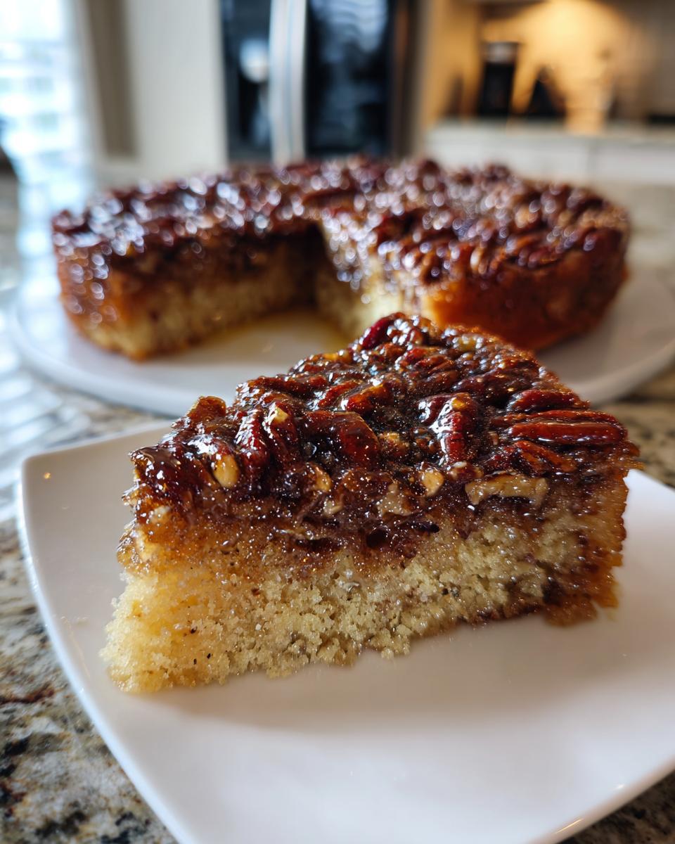 A close-up of a slice of pecan upside-down cake on a white plate, showcasing the glossy pecan topping and moist cake.