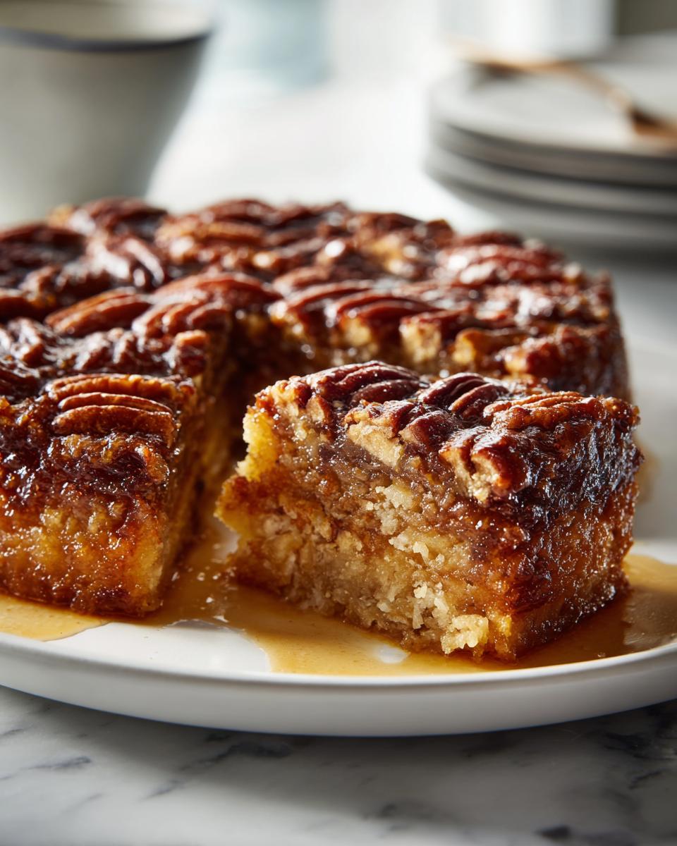 A slice of moist Pecan Upside-Down Cake with a rich caramel glaze and toasted pecans.