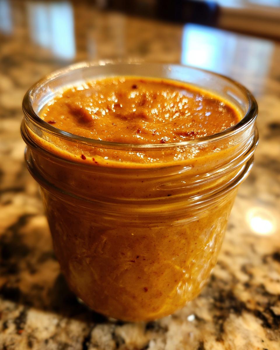 A close-up of a glass jar filled with rich, textured pumpkin butter.