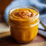 A close-up shot of delicious homemade pumpkin butter in a glass jar, perfect for spreading.