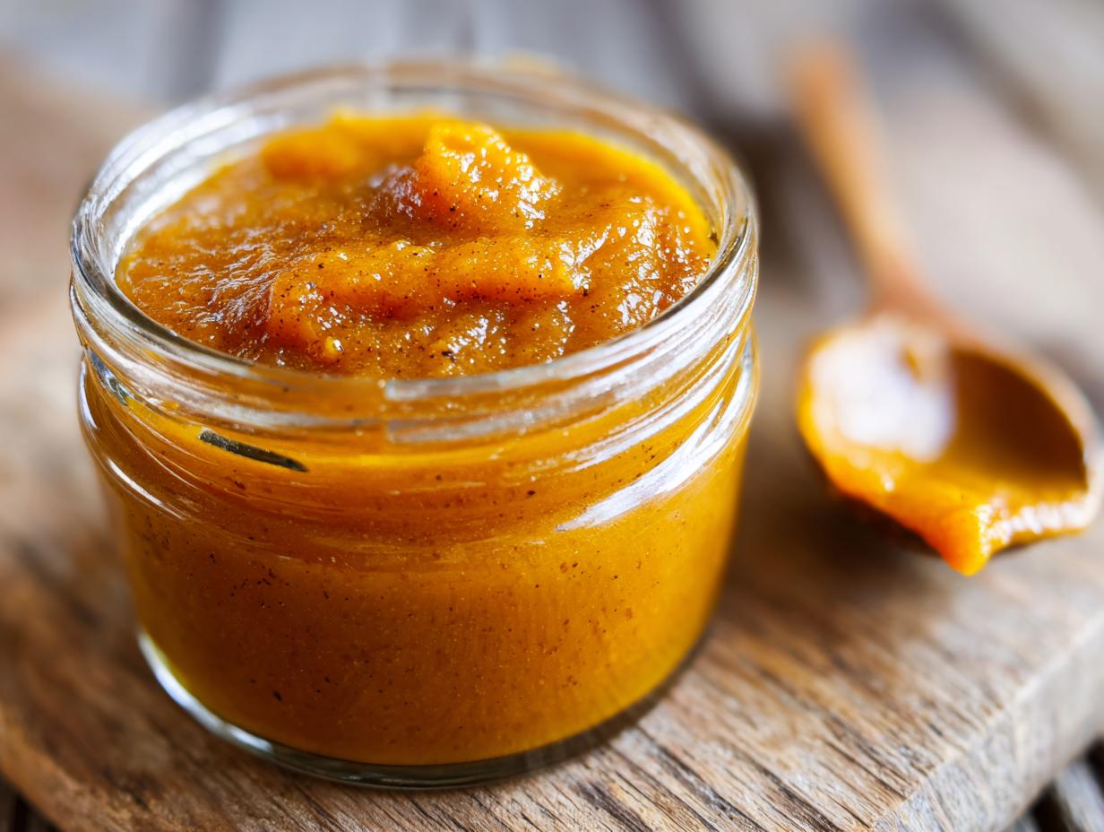 A close-up of a glass jar filled with rich, orange pumpkin butter, with a wooden spoon holding a dollop of the butter beside it.