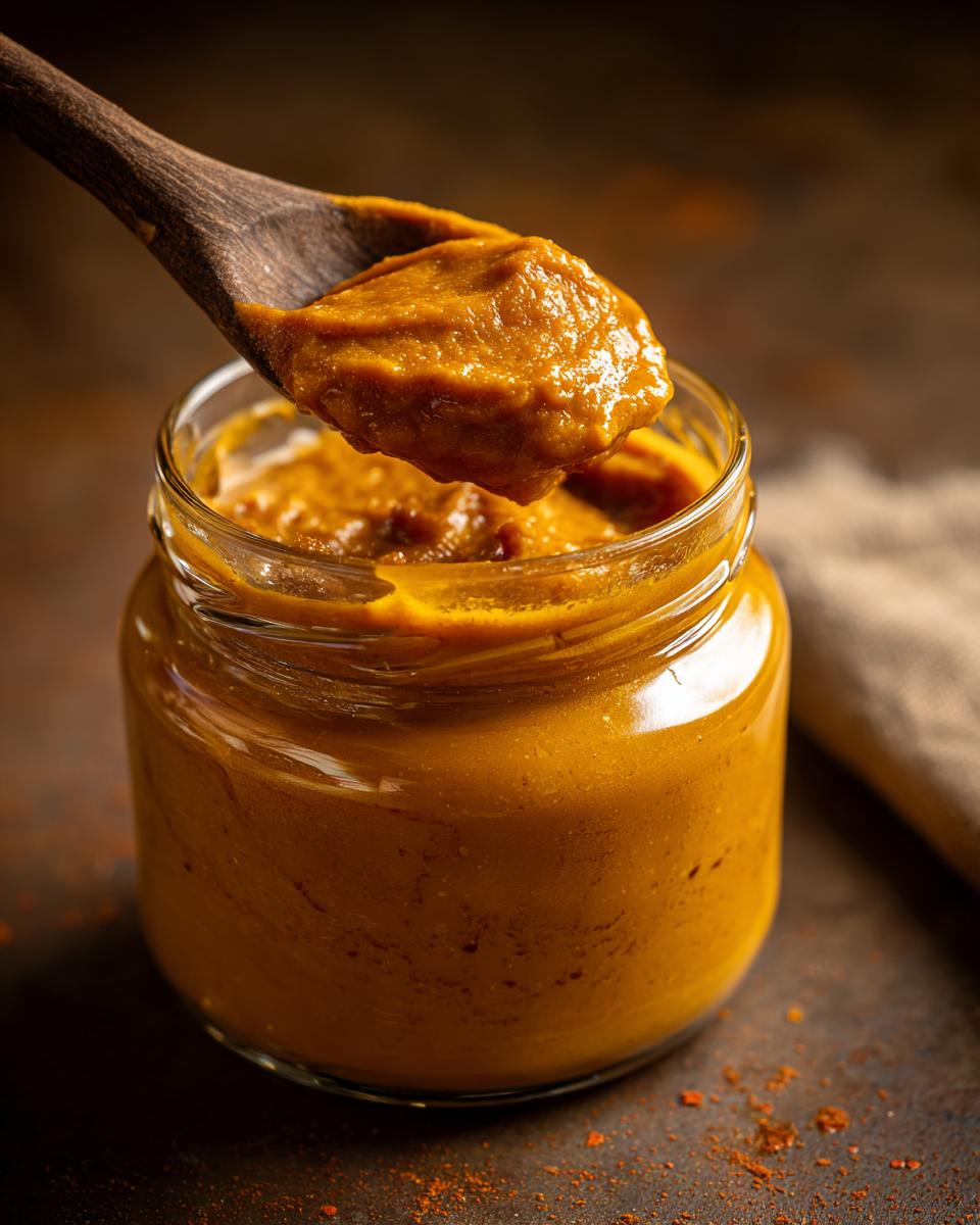 A wooden spoon scoops rich, orange pumpkin butter from a glass jar.
