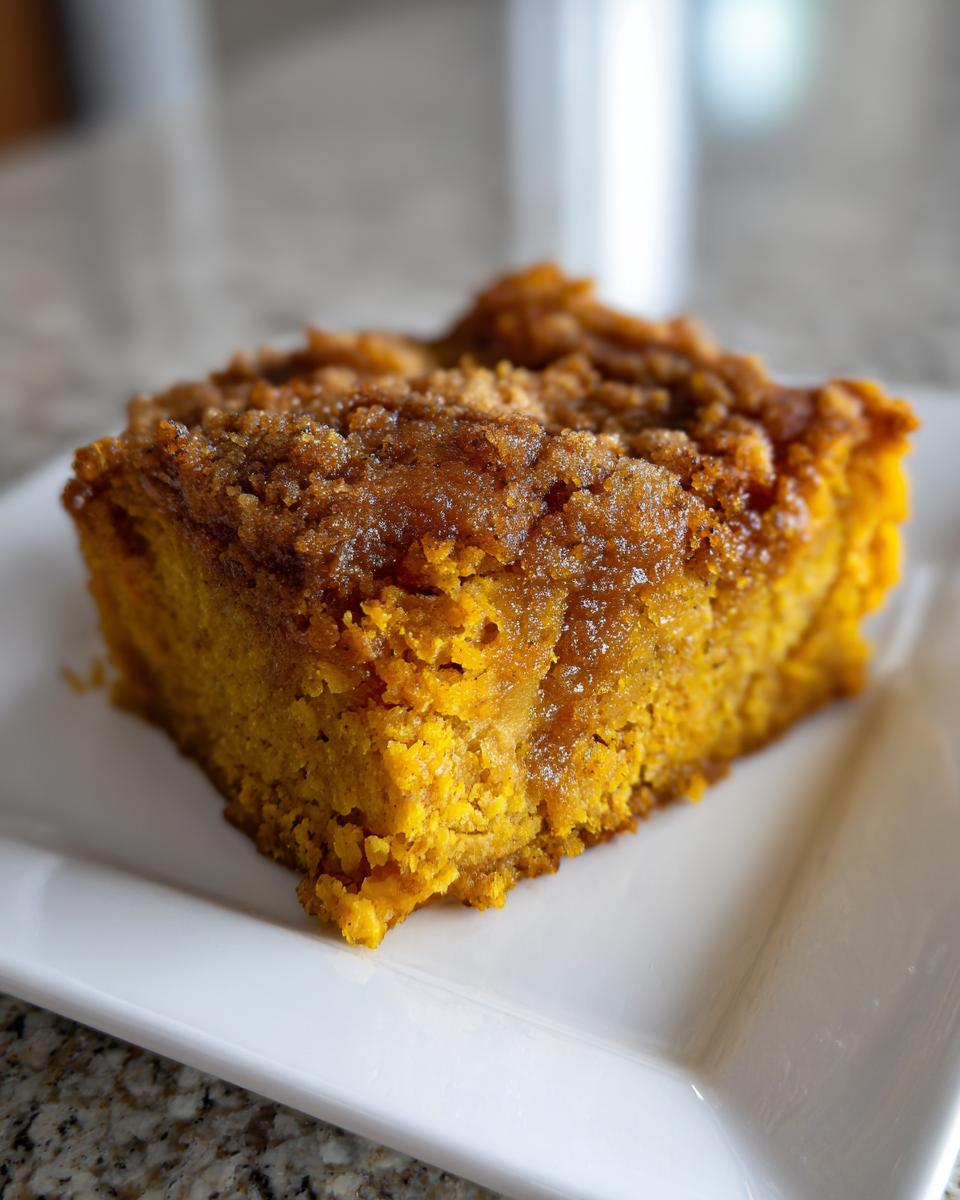 Close-up of a square slice of bright orange pumpkin dump cake with a rich, brown, sugary crumb topping.