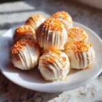 A pile of white chocolate-covered Pumpkin Oreo Balls, drizzled with white chocolate and topped with festive orange and pink sprinkles.