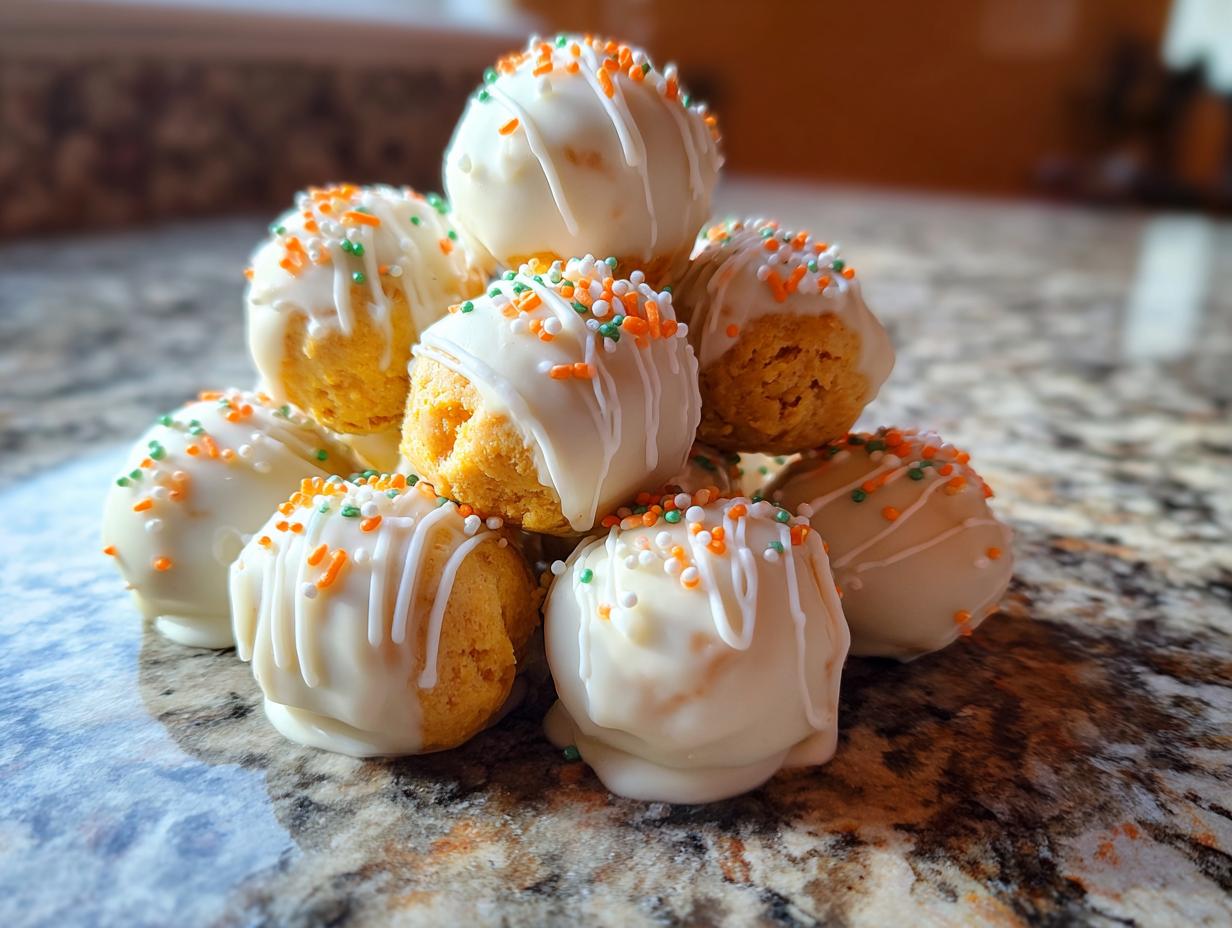 A stack of delicious Pumpkin Oreo Balls dipped in white chocolate, drizzled with more white chocolate, and topped with orange, green, and white sprinkles.