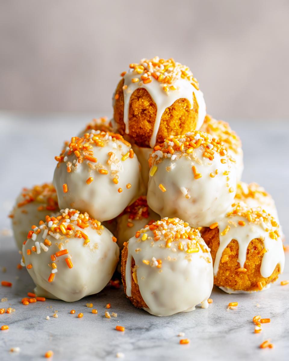 A stack of delicious Pumpkin Oreo Balls, coated in white chocolate and topped with festive orange and yellow sprinkles.
