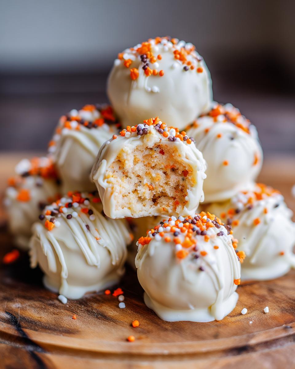 A stack of white chocolate-covered Pumpkin Oreo Balls, one with a bite taken out, showing the crumbly interior and festive sprinkles.