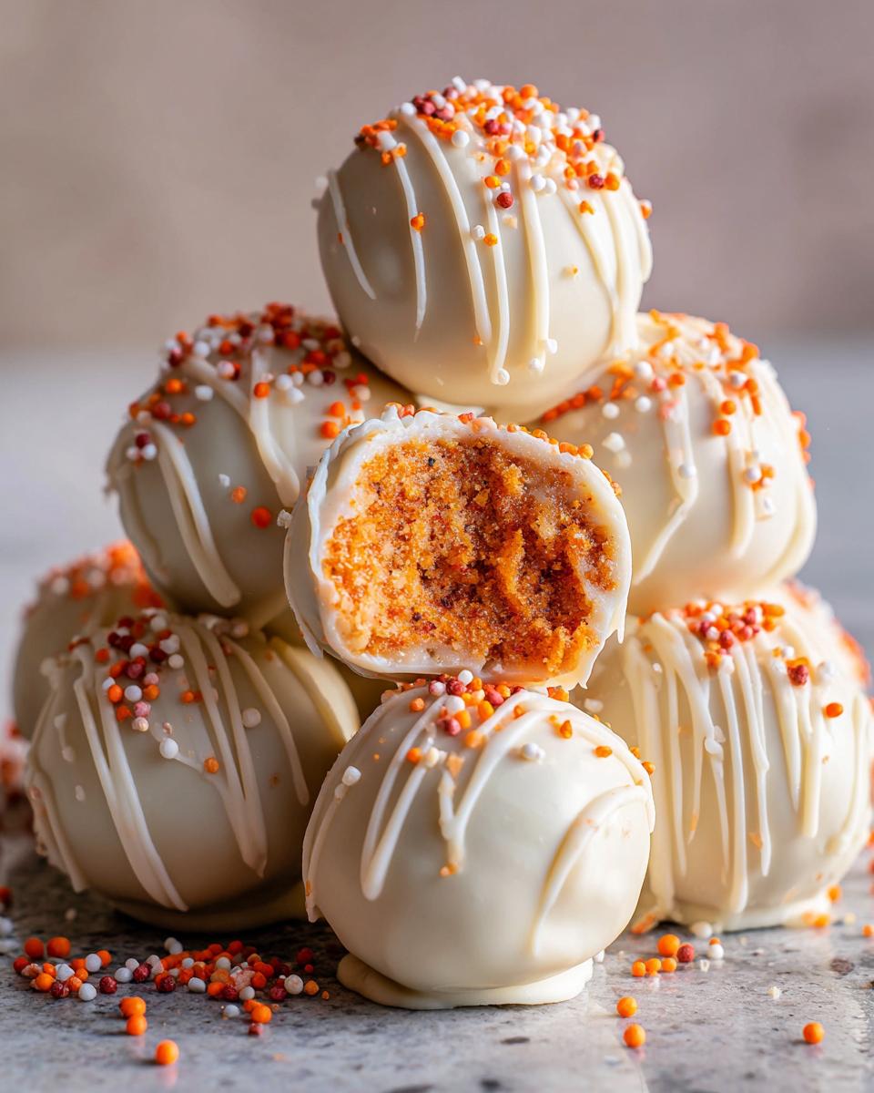 A stack of white chocolate covered Pumpkin Oreo Balls, one bitten into, showing the orange filling and topped with festive sprinkles.
