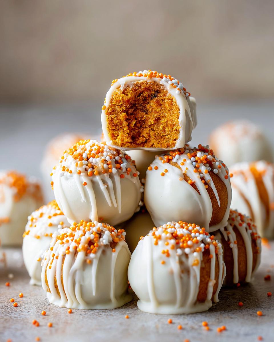 A stack of Pumpkin Oreo Balls coated in white chocolate and decorated with orange and white sprinkles. One ball is cut in half to show the pumpkin-colored interior.