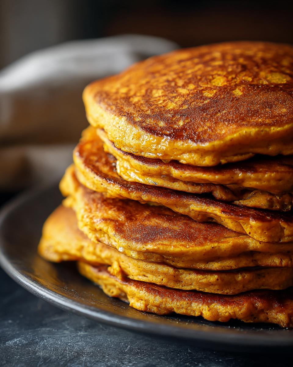 A tall stack of golden-brown pumpkin pancakes on a dark plate, ready to be served.