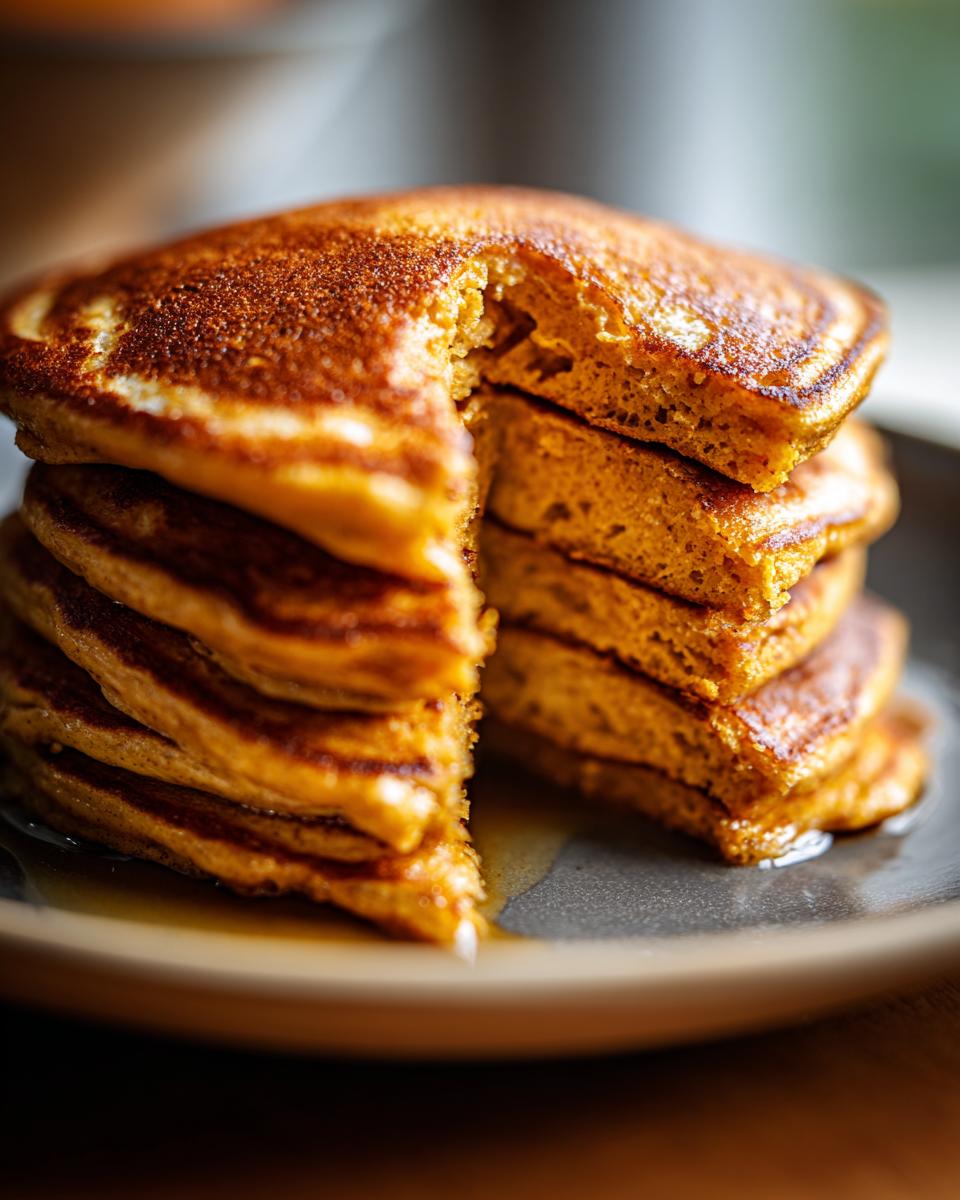 A tall stack of fluffy pumpkin pancakes, with a bite taken out, glistening with syrup.