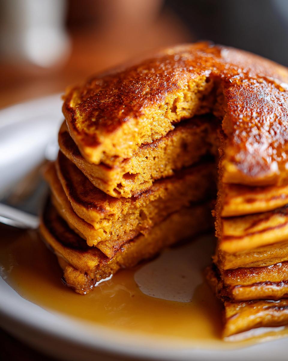 A tall stack of fluffy pumpkin pancakes, drizzled with syrup, with a bite taken out.