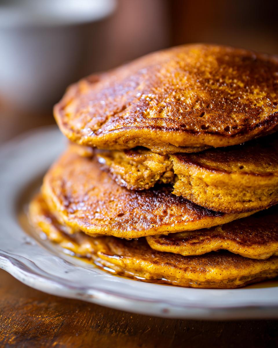 Close-up of a stack of fluffy pumpkin pancakes, glistening with syrup.
