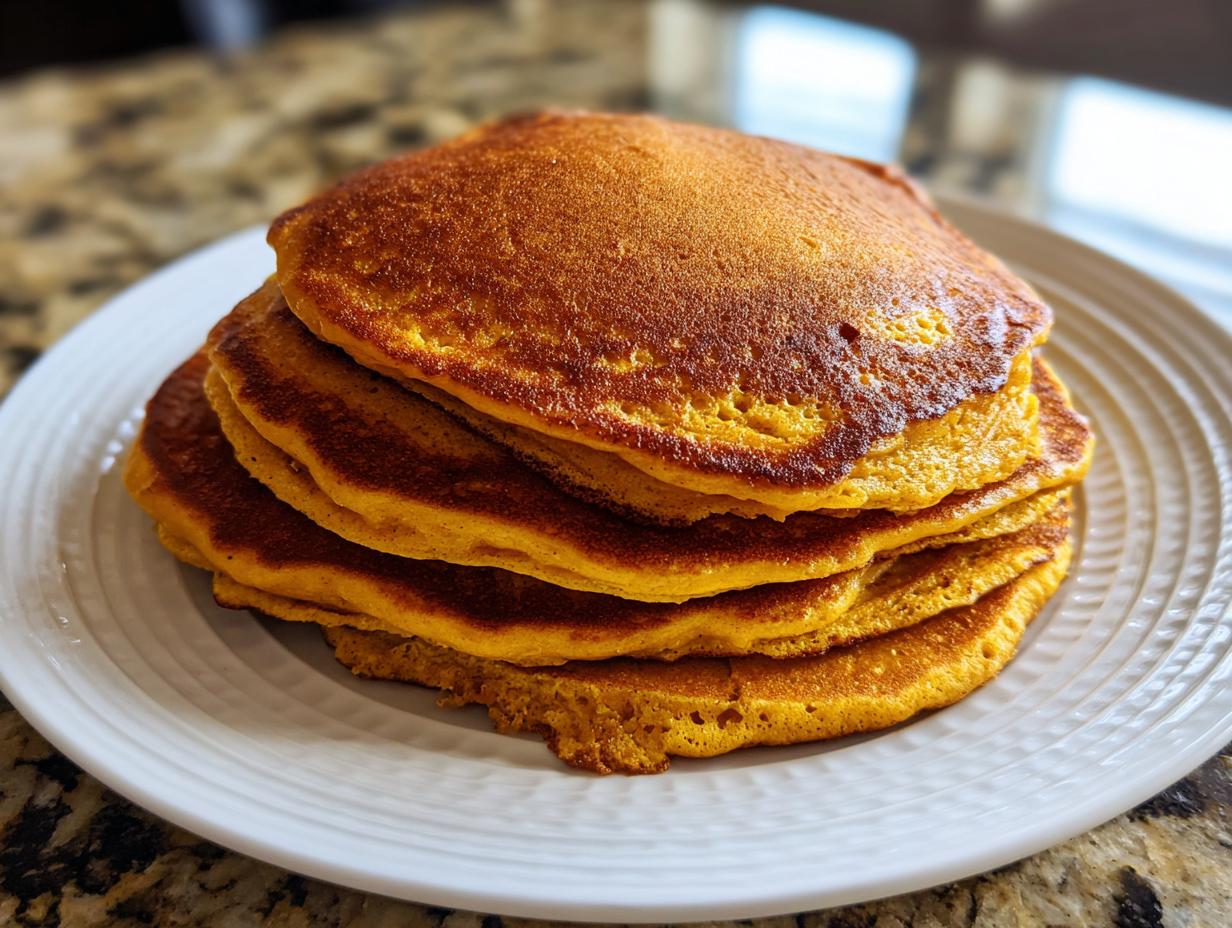 A stack of golden brown pumpkin pancakes on a white plate, ready to be served.