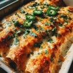 Close-up of freshly baked queso chicken enchiladas topped with melted cheese, cilantro, and sliced jalapeños.