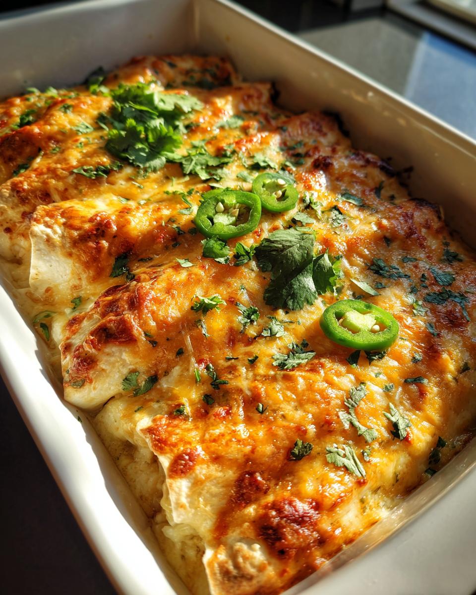 A close-up, overhead view of baked Queso chicken enchiladas in a white baking dish, topped with melted cheese, cilantro, and jalapeño slices.
