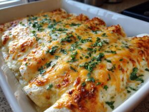 Close-up of baked Queso chicken enchiladas topped with melted cheese and fresh cilantro.