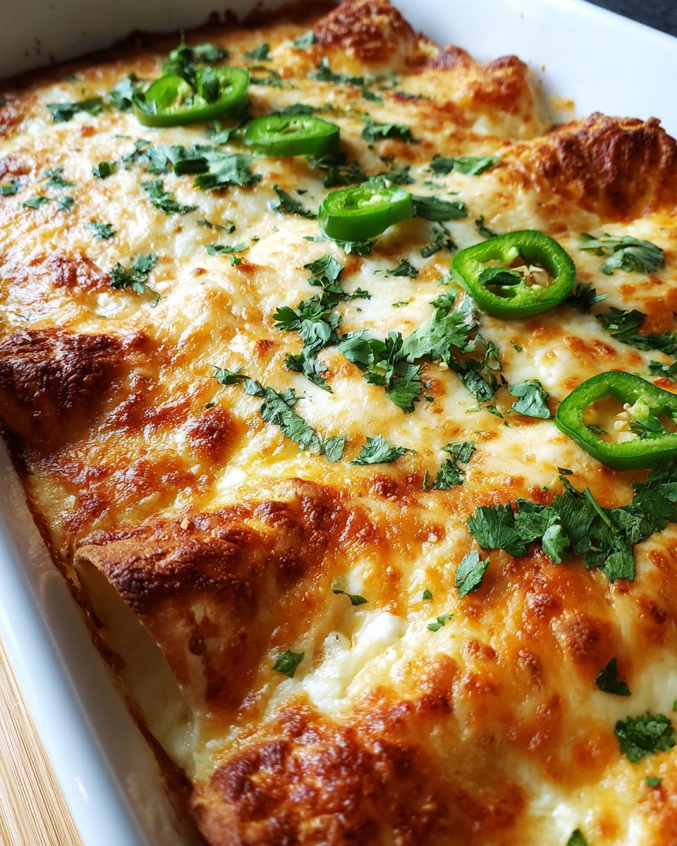 Close-up of cheesy queso chicken enchiladas topped with fresh cilantro and jalapeño slices.