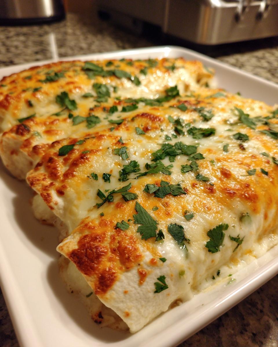 Close-up of creamy queso chicken enchiladas topped with melted cheese and fresh parsley.
