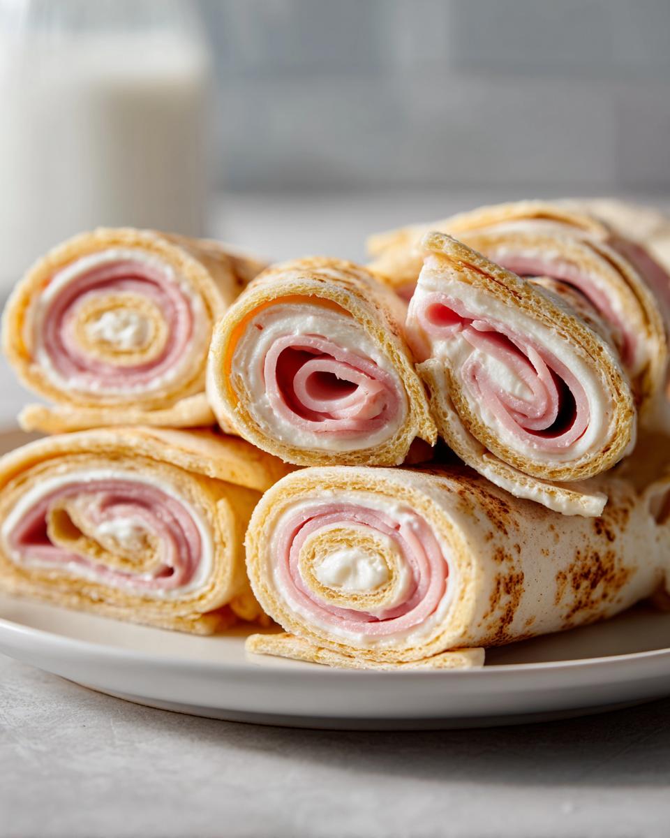 Close-up of several sliced turkey and cheese roll ups stacked on a white plate, showing creamy filling.