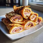 Close-up of stacked, golden-brown turkey and cheese roll ups made with egg wraps, showing melted cheese and sliced turkey.