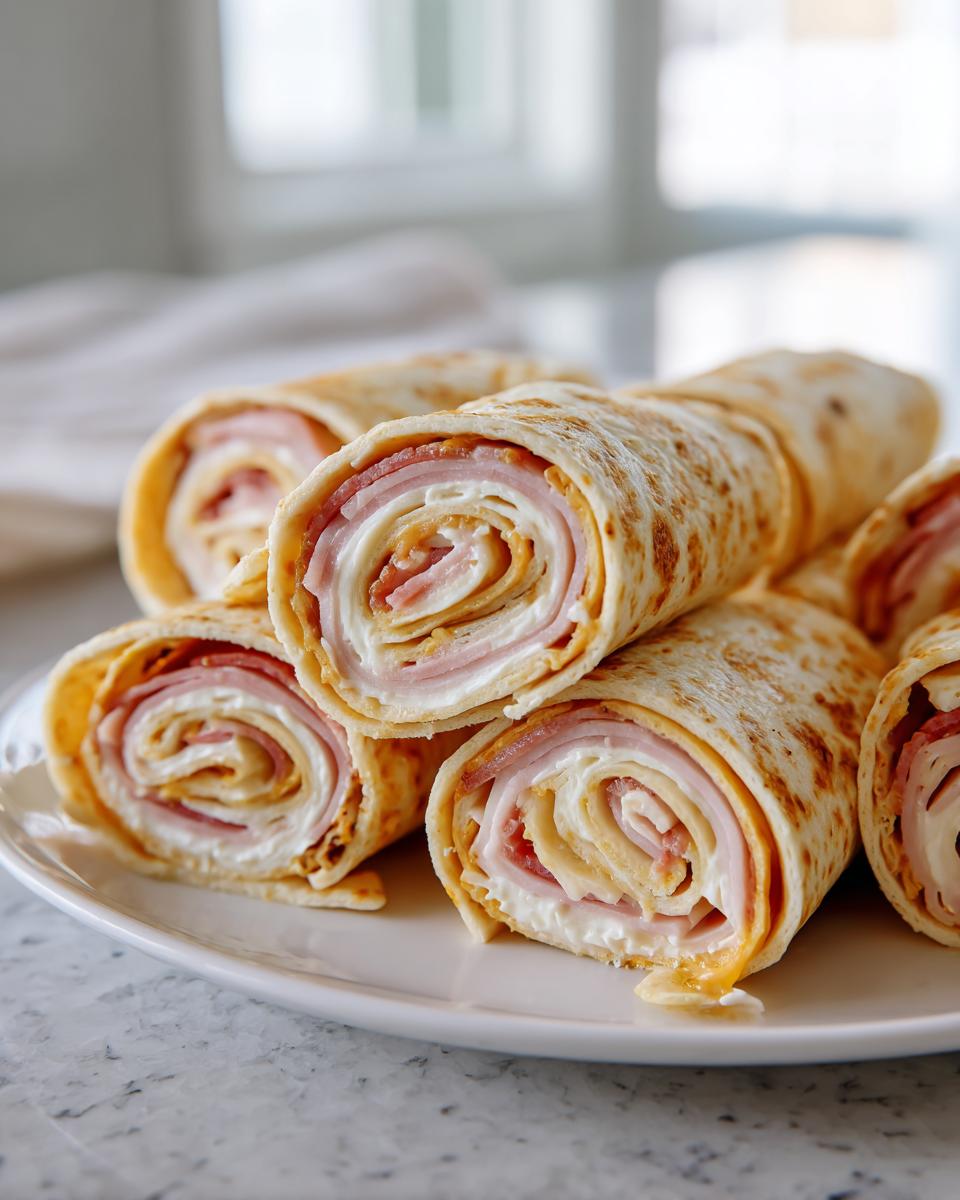 Close-up of several sliced turkey and cheese roll ups stacked on a white plate, showing layers of meat and cream cheese.