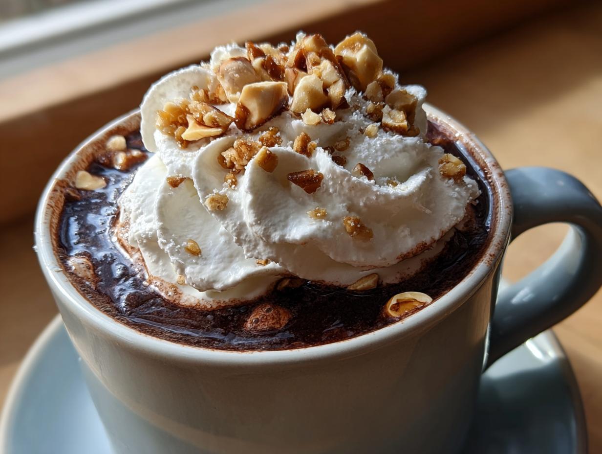 Close-up of rich Hazelnut hot chocolate topped with whipped cream and chopped toasted hazelnuts.