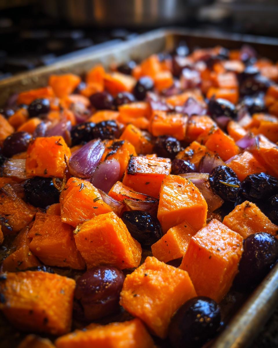 Close-up of caramelized sweet potatoes, red onions, and dark roasted grapes on a baking sheet.