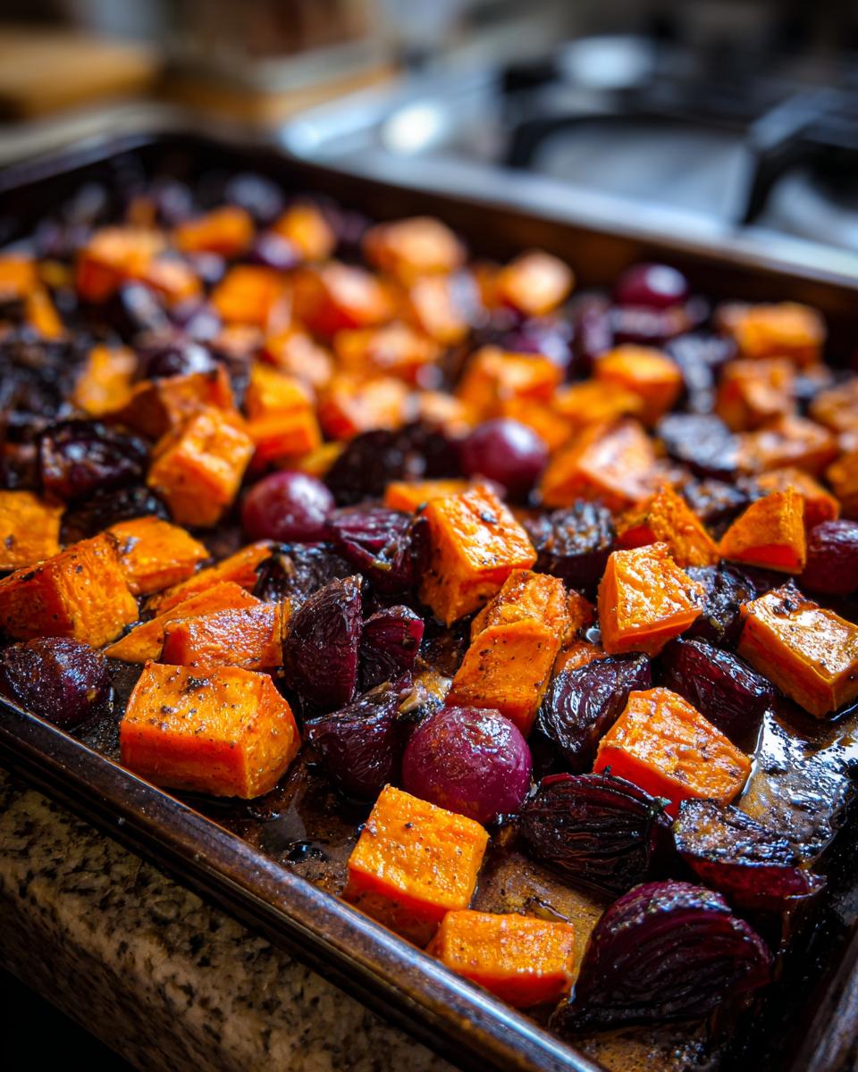 Close-up of vibrant orange sweet potatoes and dark purple roasted grapes on a baking sheet.