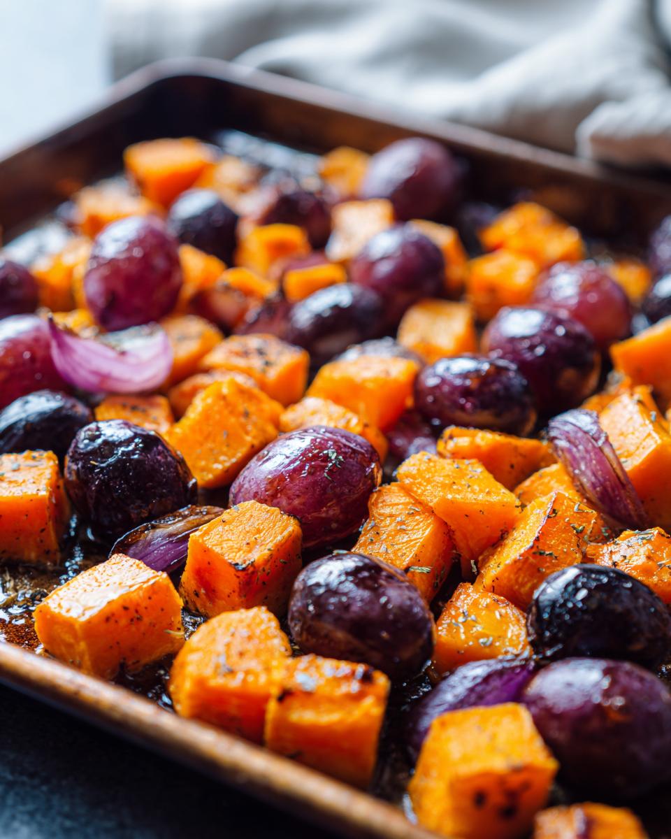 Close-up of roasted grapes and sweet potatoes mixed with red onion wedges on a baking sheet.