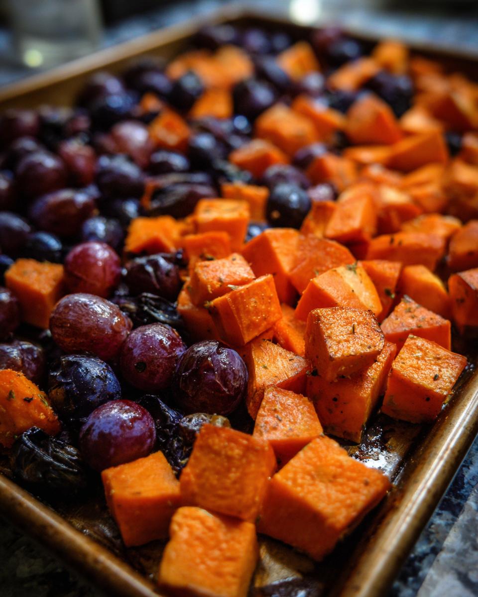 Close-up of diced sweet potatoes and dark purple roasted grapes on a baking sheet, ready for roasting.