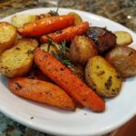 A close-up of perfectly seasoned roasted potatoes and carrots mixed with fresh rosemary sprigs on a white plate.