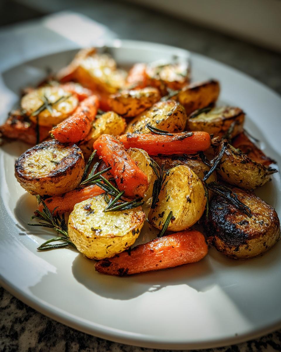 A white plate filled with golden brown roasted potatoes and carrots seasoned with fresh rosemary.