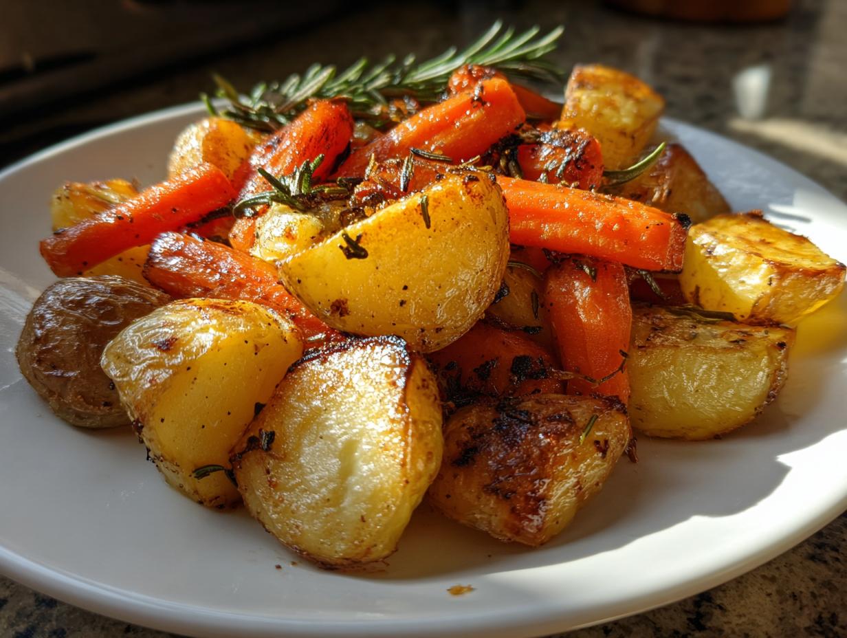 A close-up of golden brown roasted potatoes and carrots seasoned with rosemary on a white plate.
