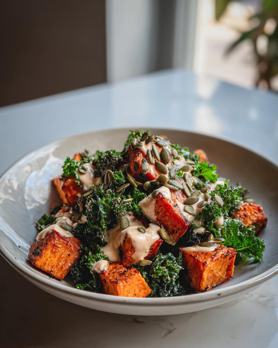 A close-up of a bowl of roasted sweet potato kale salad, topped with creamy dressing and pumpkin seeds.