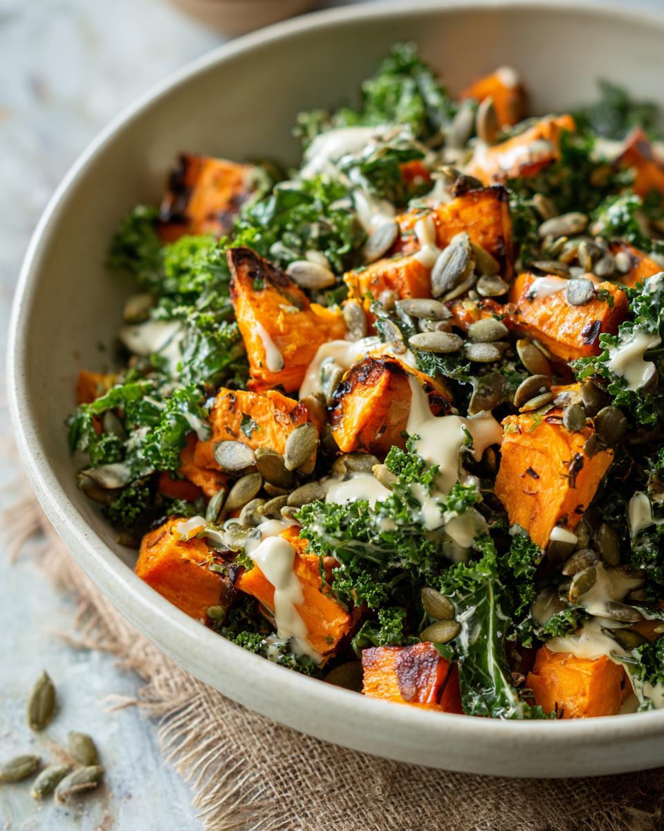 Close-up of a bowl of roasted sweet potato kale salad topped with creamy dressing and pumpkin seeds.