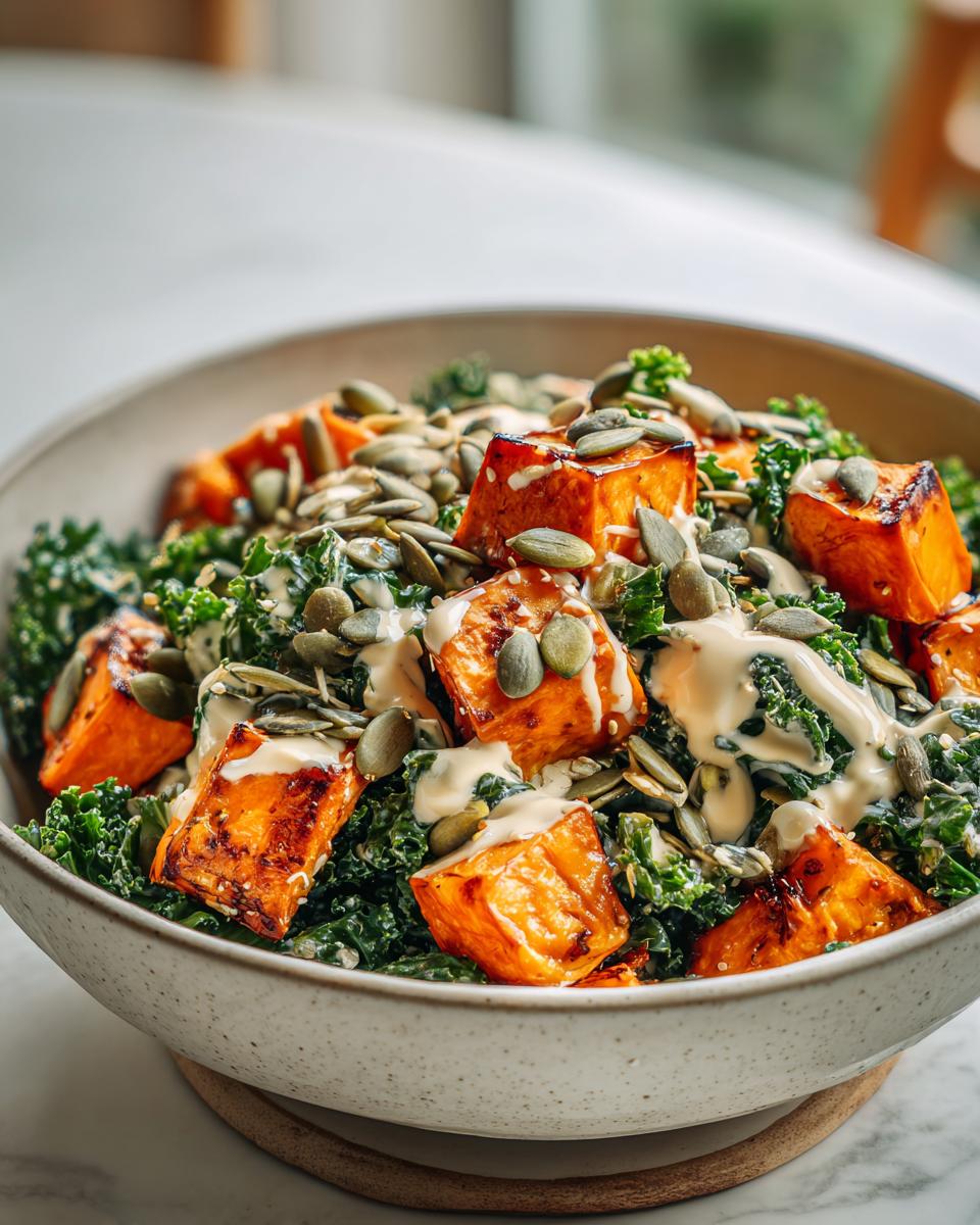 A close-up of a vibrant Roasted Sweet Potato Kale Salad topped with pumpkin seeds and a creamy dressing.