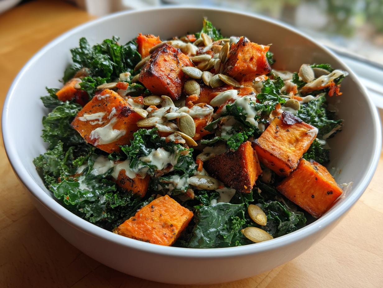 A close-up of a white bowl filled with a vibrant Roasted Sweet Potato Kale Salad, topped with pumpkin seeds and a creamy dressing.