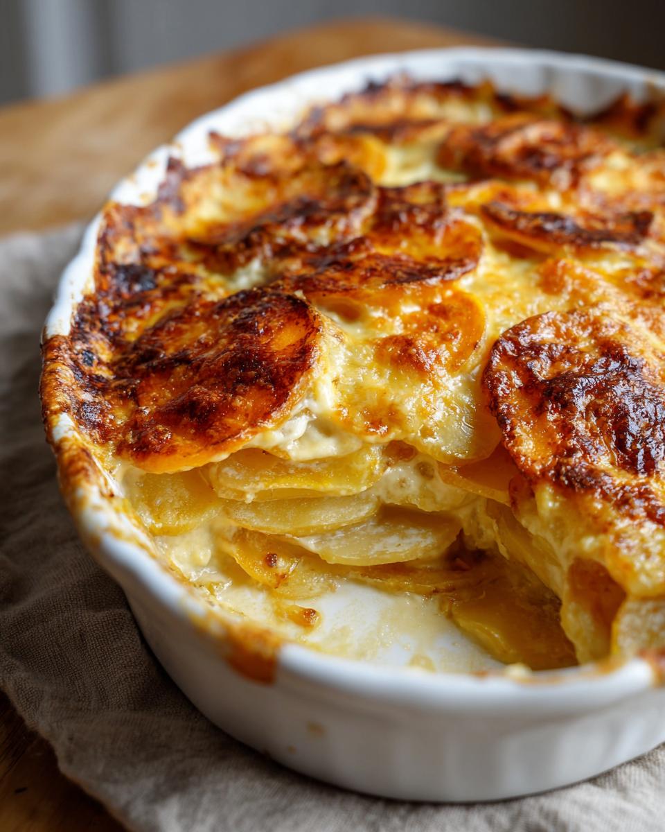 Close-up of a golden root vegetable gratin in a white baking dish, showing layers of thinly sliced potatoes baked in cream.