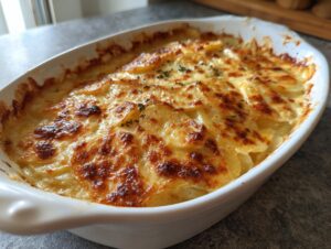A close-up of a golden-brown root vegetable gratin in a white baking dish, bubbling with cheese.