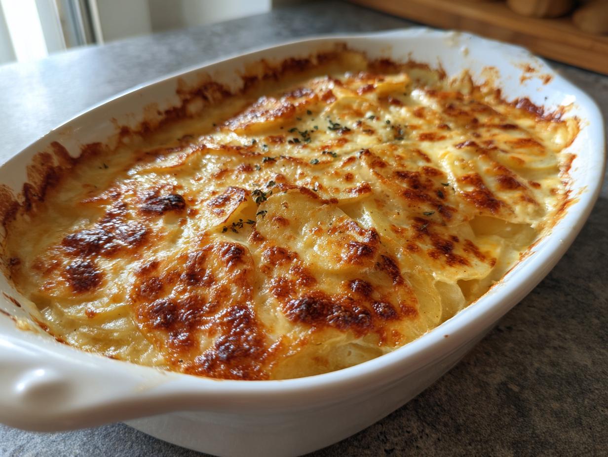 A close-up of a golden-brown root vegetable gratin in a white baking dish, bubbling with cheese.