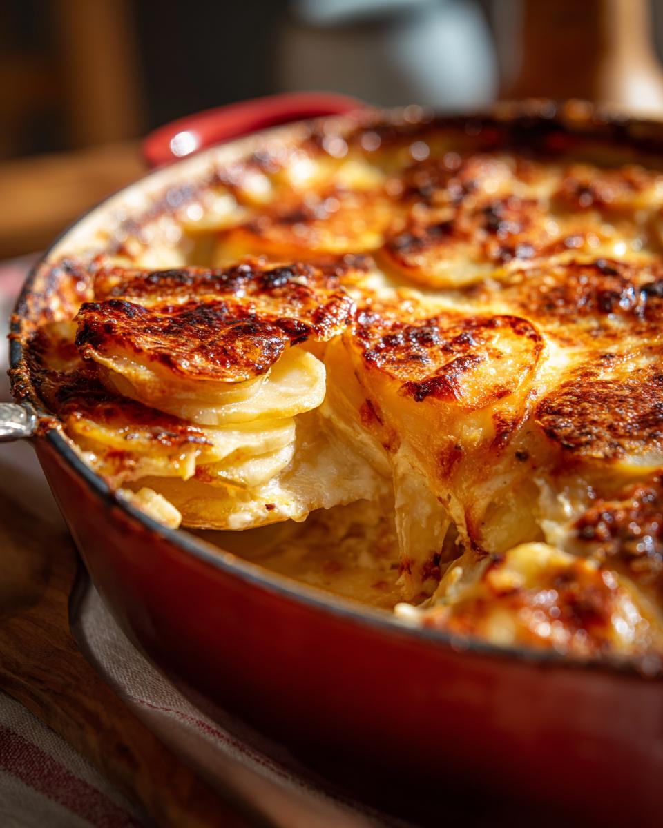 Close-up of a golden-brown root vegetable gratin, with thinly sliced potatoes baked in a red dish.
