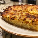 A close-up of a golden-brown slice of root vegetable gratin on a white plate.