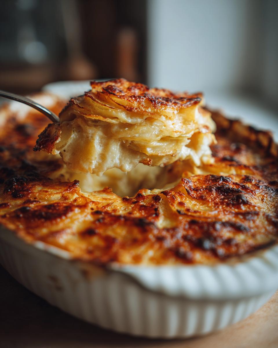 A fork lifting a slice of golden-brown root vegetable gratin from a white baking dish.
